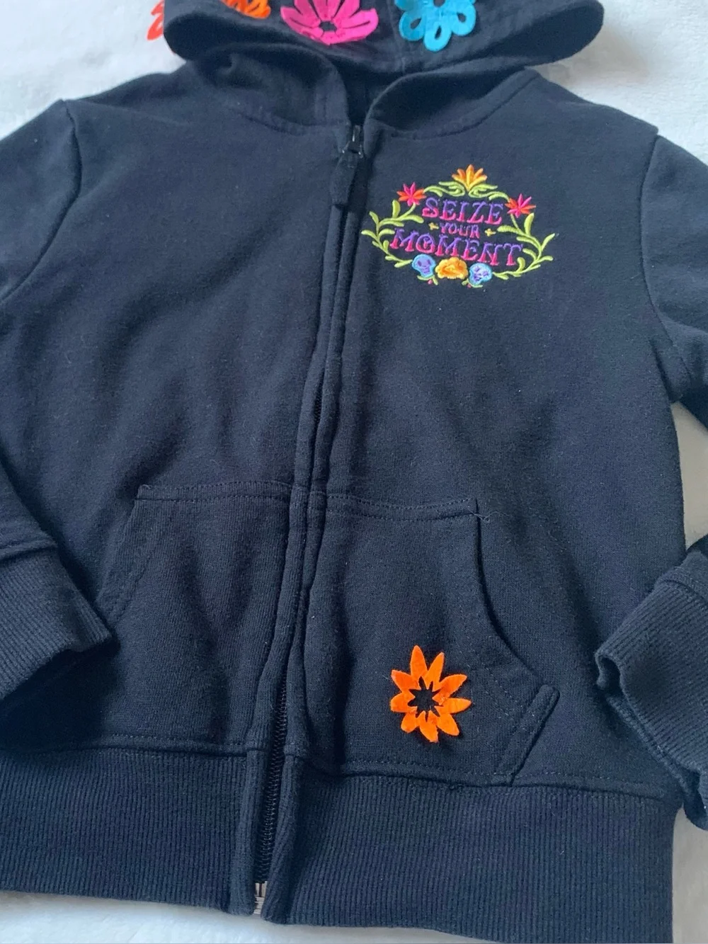 Disney Parks Kids Black Coco Hoodie with Colorful Sugar Skull Back Graphic Size